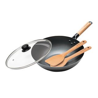 MASTERPAN Nonstick Carbon Steel Wok with Glass Lid & Wooden Utensils, 12" (30cm)