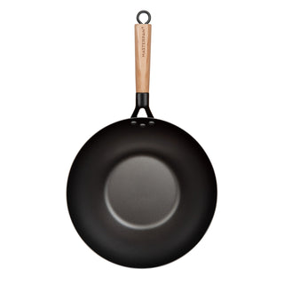MASTERPAN Nonstick Carbon Steel Wok with Glass Lid & Wooden Utensils, 12" (30cm)