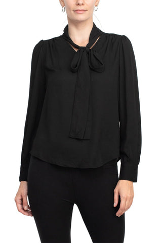 Zac & Rachel Tie Neck Long Sleeve Solid Crepe Chiffon Top - By Baano