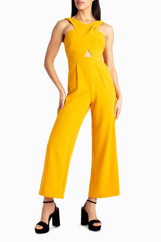 Nicole Miller crisscross halter neck keyhole front sleeveless pleated stretch crepe jumpsuit with pockets - Glamourous Grace