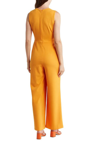 Nicole Miller round neck sleeveless zipper closure twist front solid stretch crepe jumpsuit with open sides by the waist - Glamourous Grace