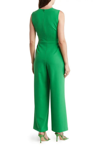 Nicole Miller round neck sleeveless zipper closure twist front solid stretch crepe jumpsuit with open sides by the waist - Glamourous Grace