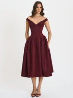 Omella Burgundy Ruched Bust Sweetheart Flared Midi Dress Miss Circle