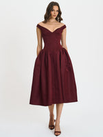 Omella Burgundy Ruched Bust Sweetheart Flared Midi Dress Miss Circle