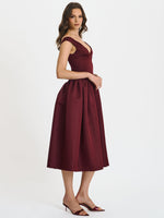 Omella Burgundy Ruched Bust Sweetheart Flared Midi Dress Miss Circle