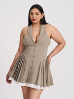 Hazel Brown Preppy Halter Neck Pleated Mini Dress Miss Circle