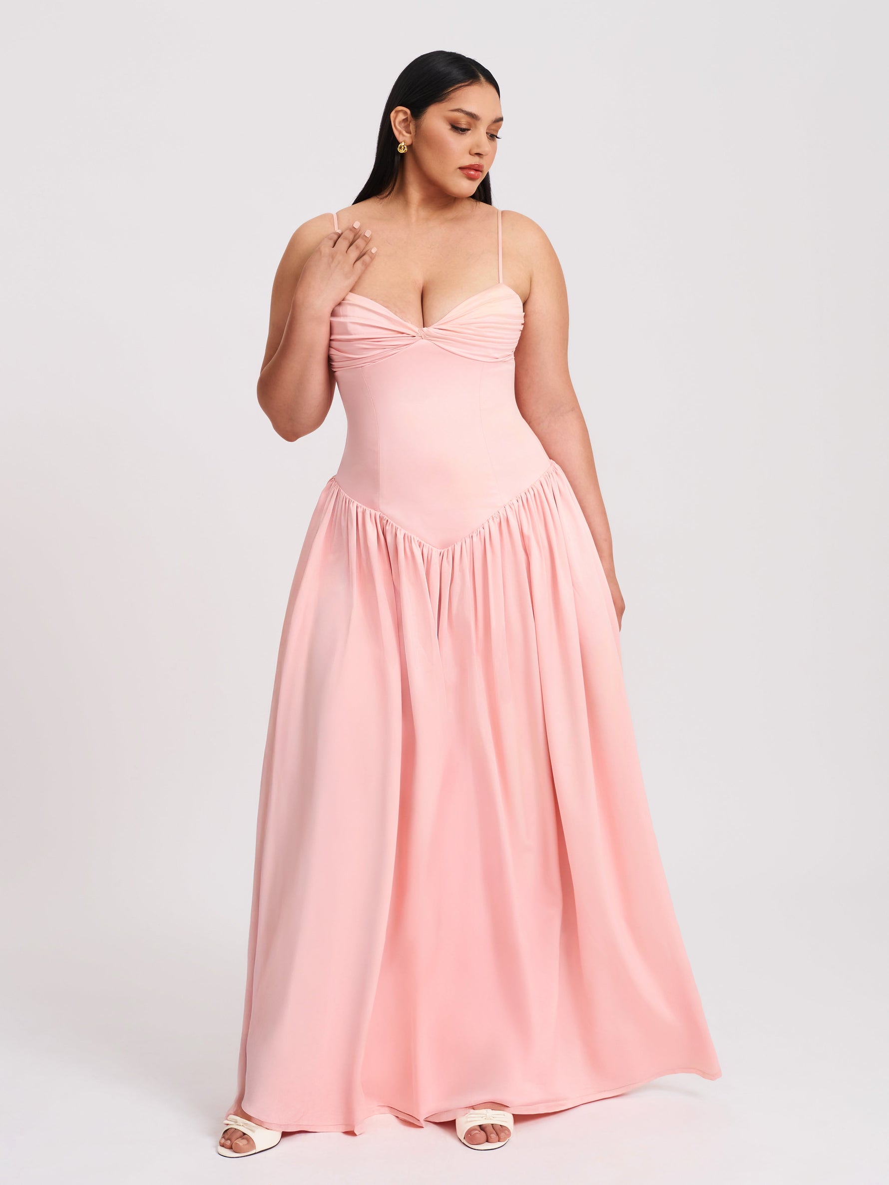 Najwa Baby Pink Ruched Breast Drop Waist Maxi Dress Miss Circle