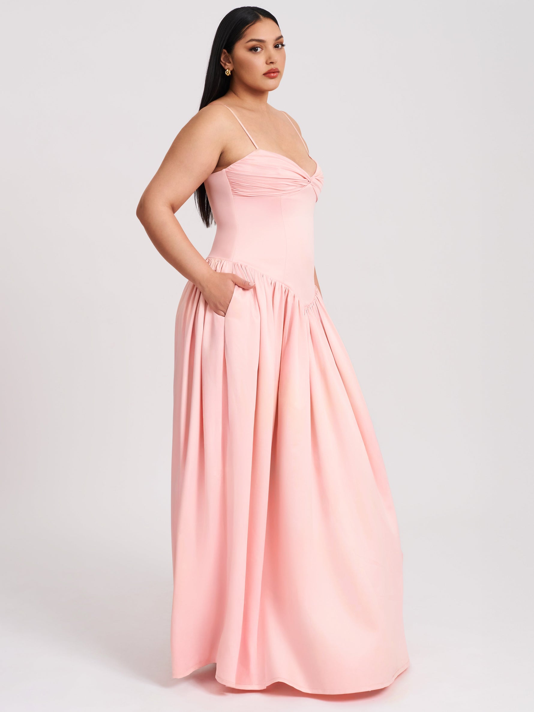 Najwa Baby Pink Ruched Breast Drop Waist Maxi Dress Miss Circle