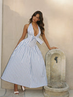 Mackenna Navy Stripe Halter Smock Back Maxi Dress Miss Circle