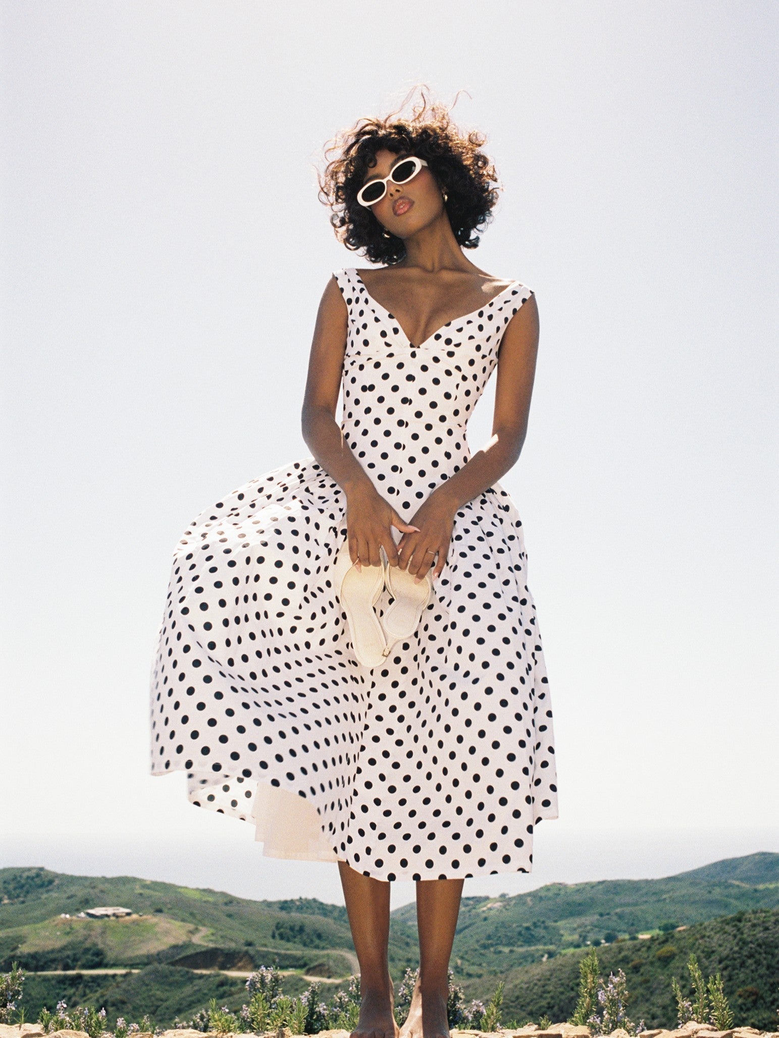 Rahma Polka Dot Drop Waist Midi Cotton Poplin Dress Miss Circle