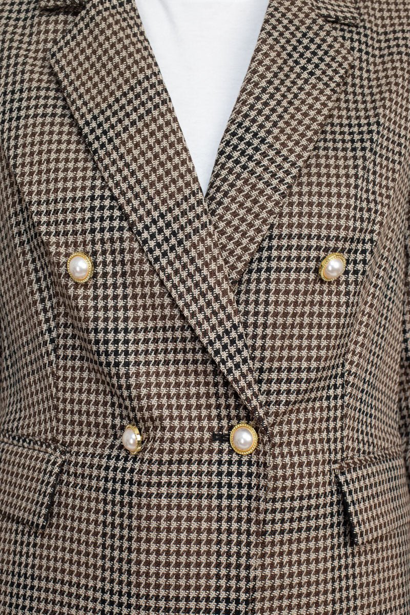 Nanette Lepore Notched Collar Long Sleeve Houndstooth Woven Jacket with Mid Waist Straight Ponte Pants - Glamourous Grace
