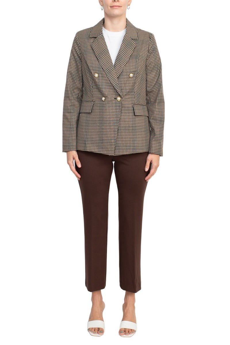 Nanette Lepore Notched Collar Long Sleeve Houndstooth Woven Jacket with Mid Waist Straight Ponte Pants - Glamourous Grace