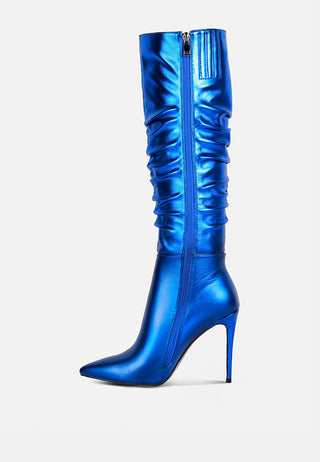 New Expression Metallic Ruched Stiletto Calf Boots
