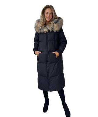 Genuine Silver Fox Fur Trim Long Down Fill Coat - By Baano
