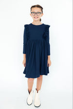 Navy L/S Ruffle Twirl Dress