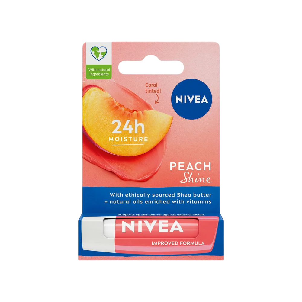 Nivea Peach Flavored Lip Balm and Gloss 24 Hour Moisturizing, Nourishing 4.8 gr - By Baano
