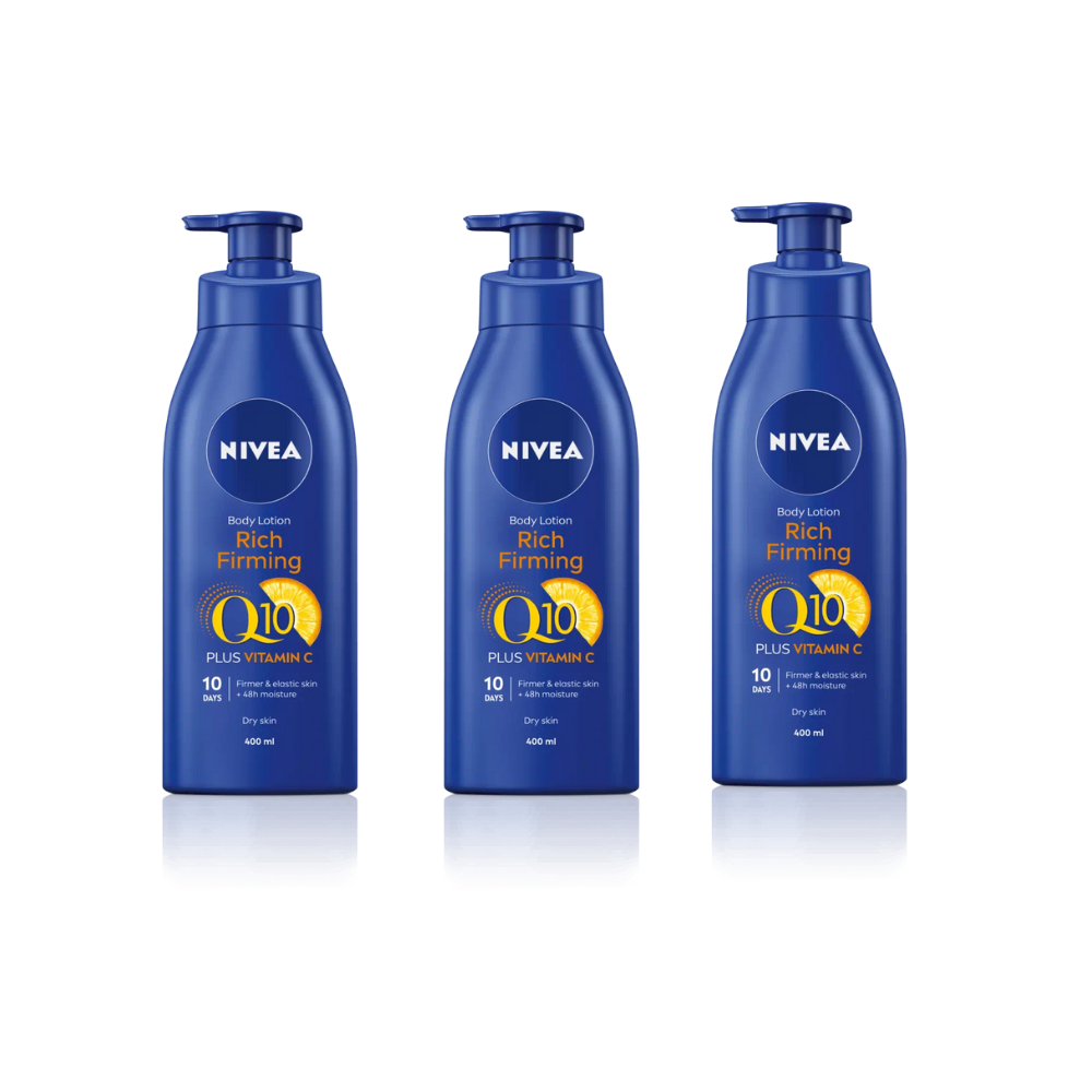 Nivea Q10 + Vitamin C Firming Body Lotion for Dry Skin 400ml / 13.5 fl oz - 3 Pack - By Baano
