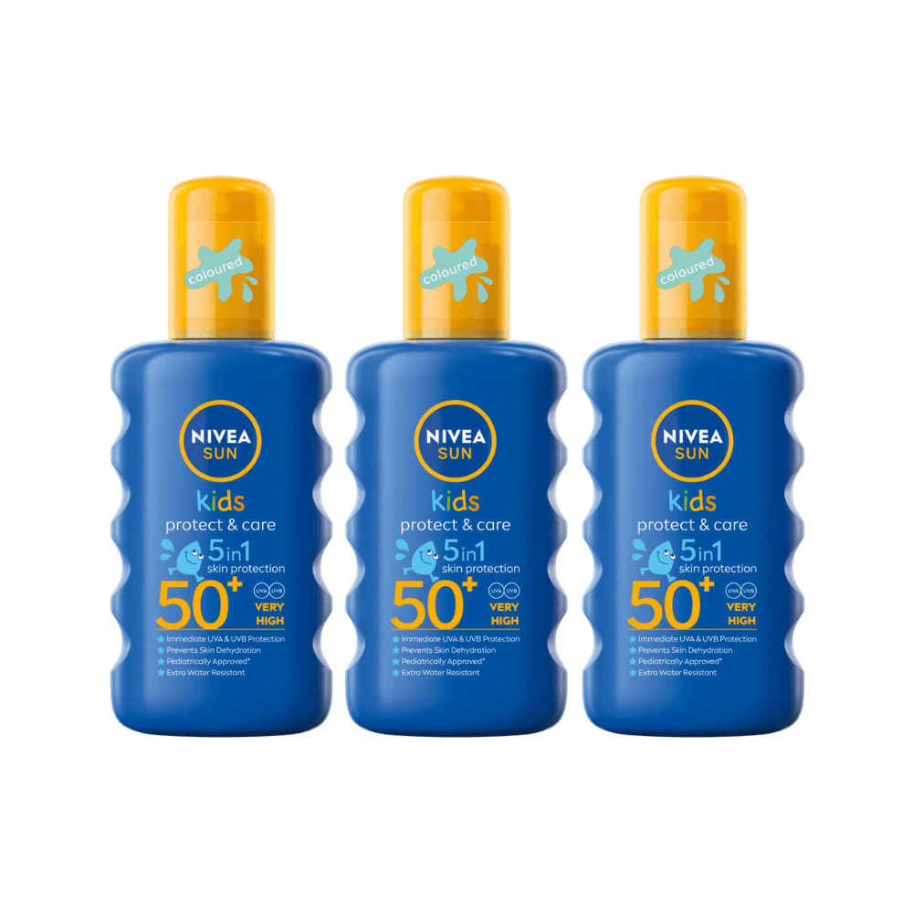 Nivea Sun Kids Protect & Care Coloured Sun Cream Spray SPF50+ 200ml / 6.8 fl.oz - 3 Pack - By Baano