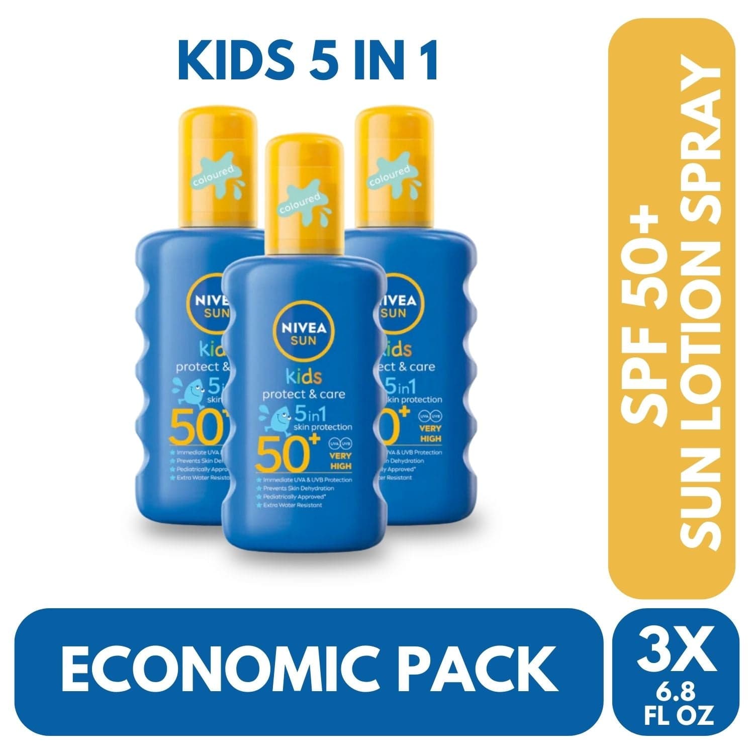 Nivea Sun Kids Protect & Care Coloured Sun Cream Spray SPF50+ 200ml / 6.8 fl.oz - 3 Pack - By Baano