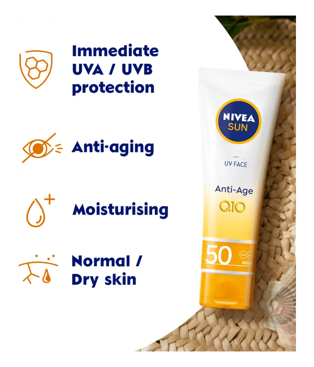 Nivea Sun UV Face Q10 Anti-Age Sun Cream SPF50 50ml / 1.7 fl oz - 3 Pack - By Baano