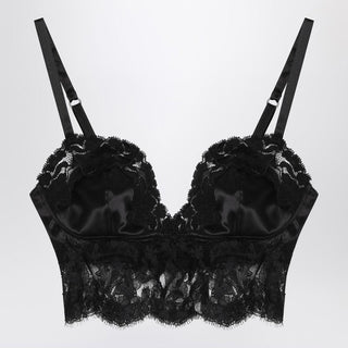 Black Bralette Top In Silk Satin And Lace