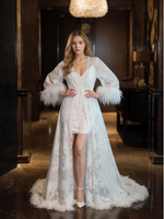 Luxury White Feather Trim Lace Long Robe Dress Set | Bridal Getting Ready & Photoshoot Gown