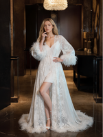 Luxury White Feather Trim Lace Long Robe Dress Set | Bridal Getting Ready & Photoshoot Gown