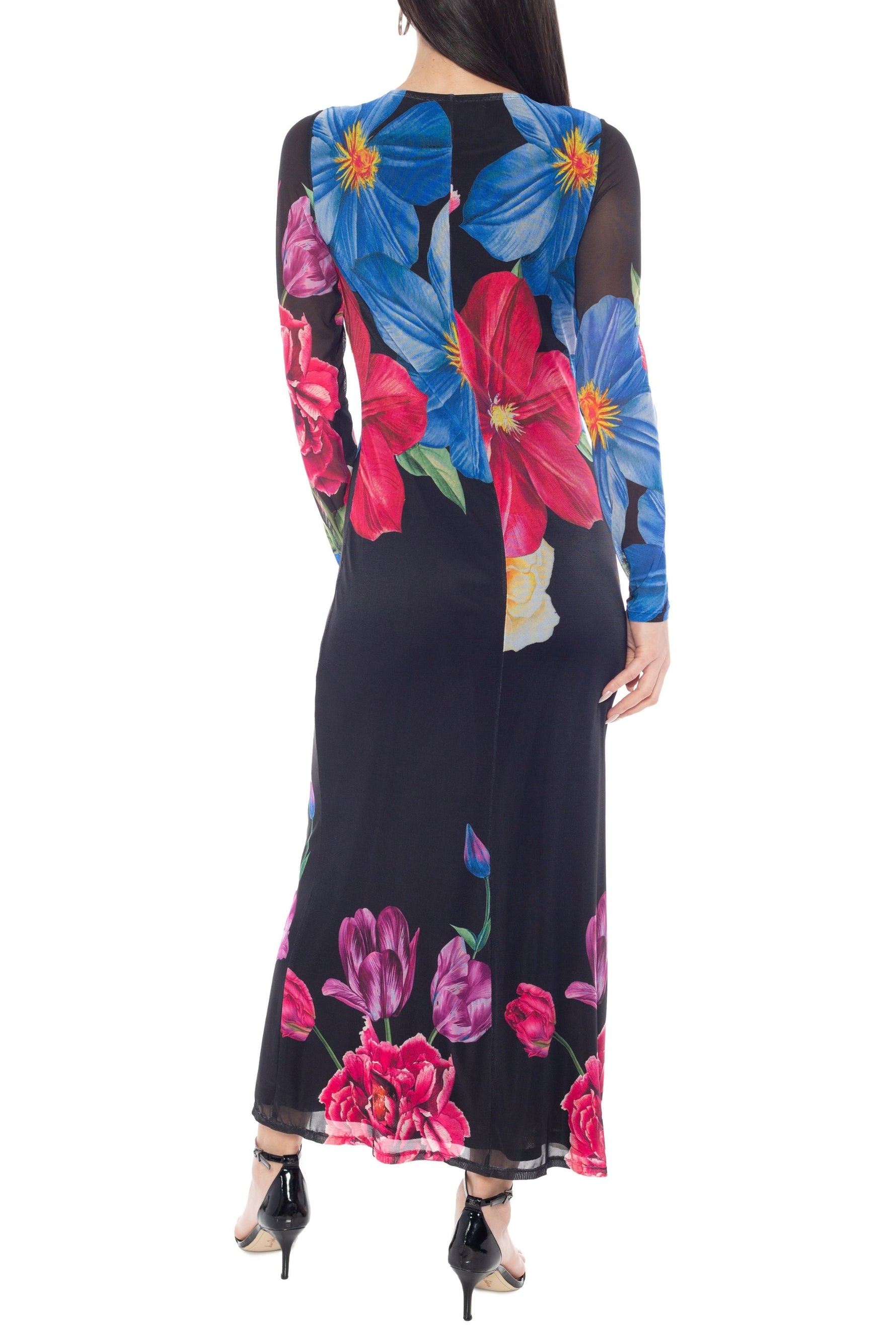 Oleg Cassini Sheer Floral Details Crew Neckline Long Sleeves Column Bodice Silhouette Pullover Maxi Dress