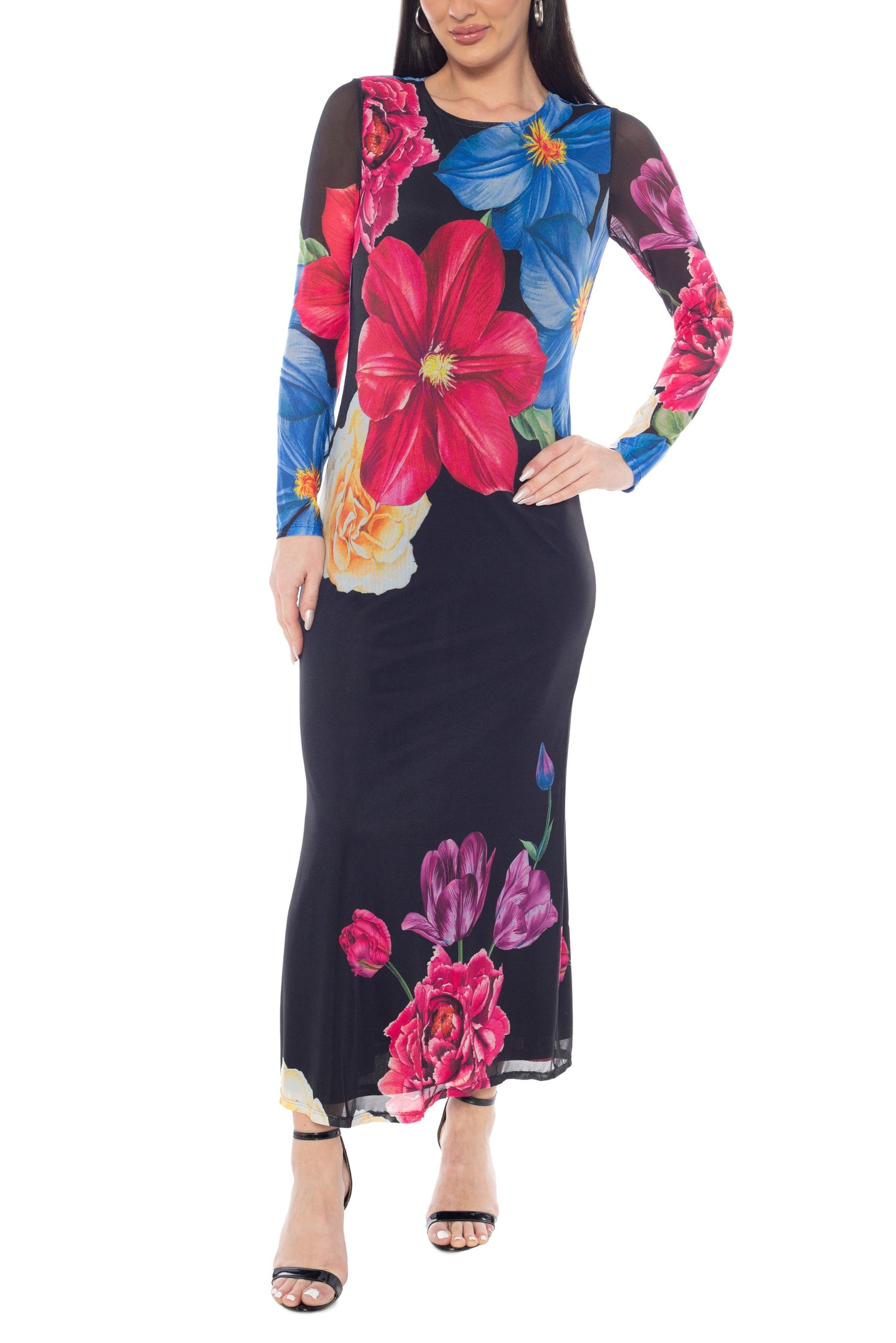 Oleg Cassini Sheer Floral Details Crew Neckline Long Sleeves Column Bodice Silhouette Pullover Maxi Dress