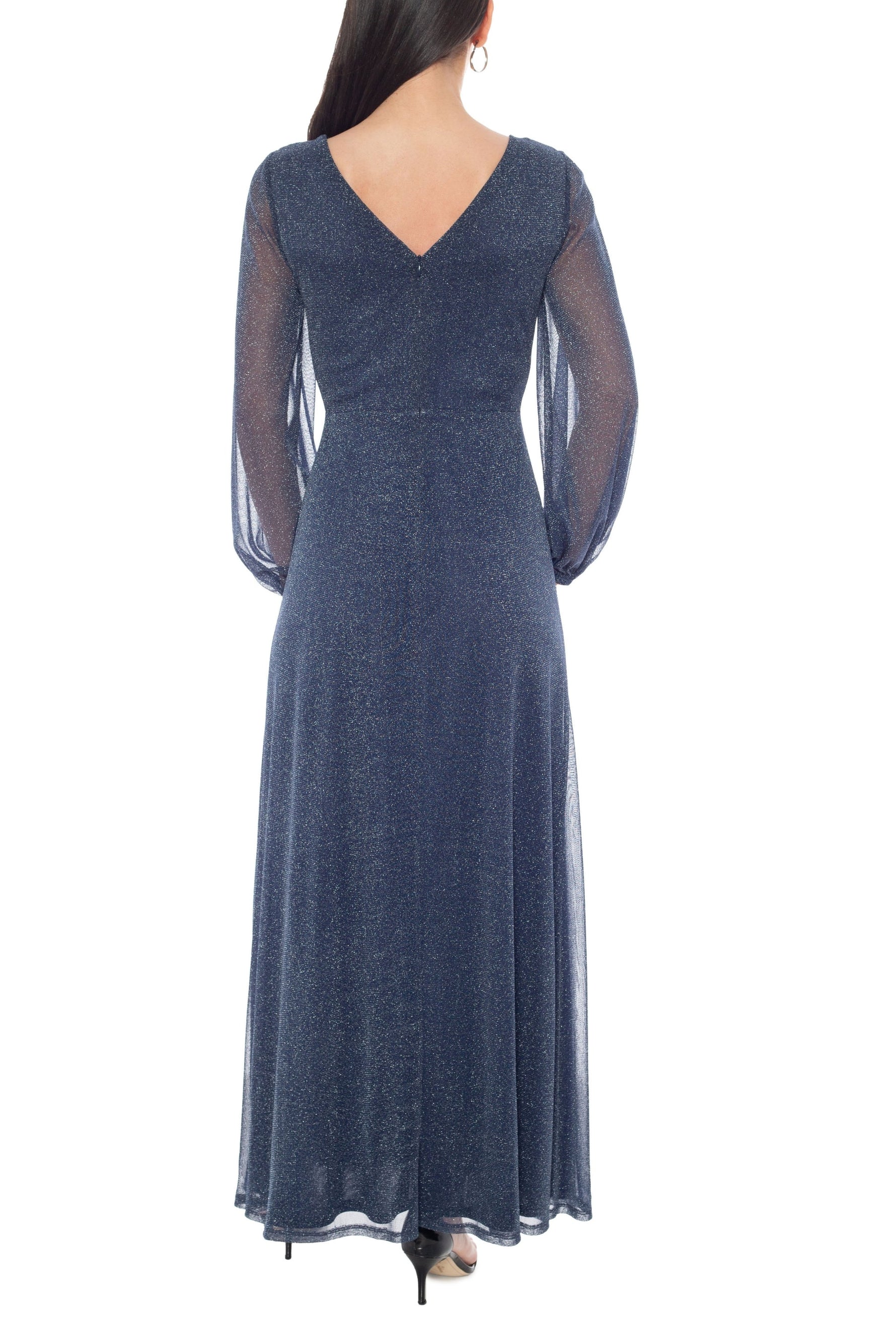 Oleg Cassini Deep Navy Soft Cowl Neckline V-Back Long Sheer Bishop Sleeves Zipper Closure Middle Twist A-Line Maxi Dress