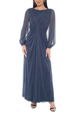 Oleg Cassini Deep Navy Soft Cowl Neckline V-Back Long Sheer Bishop Sleeves Zipper Closure Middle Twist A-Line Maxi Dress