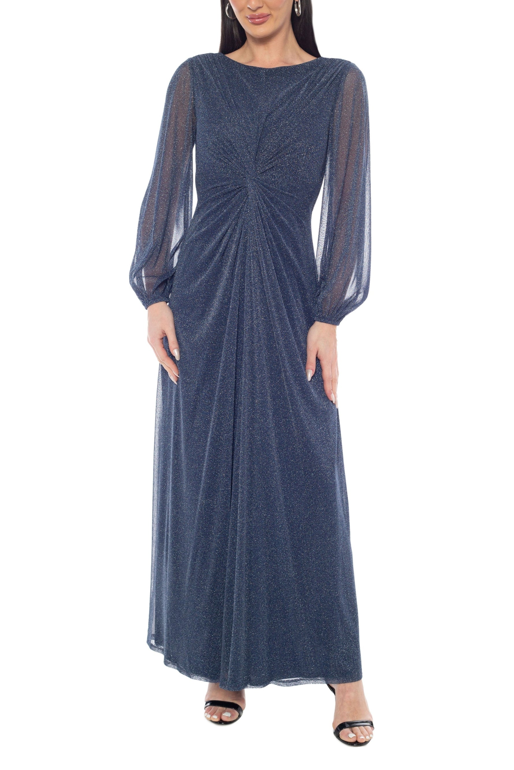 Oleg Cassini Deep Navy Soft Cowl Neckline V-Back Long Sheer Bishop Sleeves Zipper Closure Middle Twist A-Line Maxi Dress