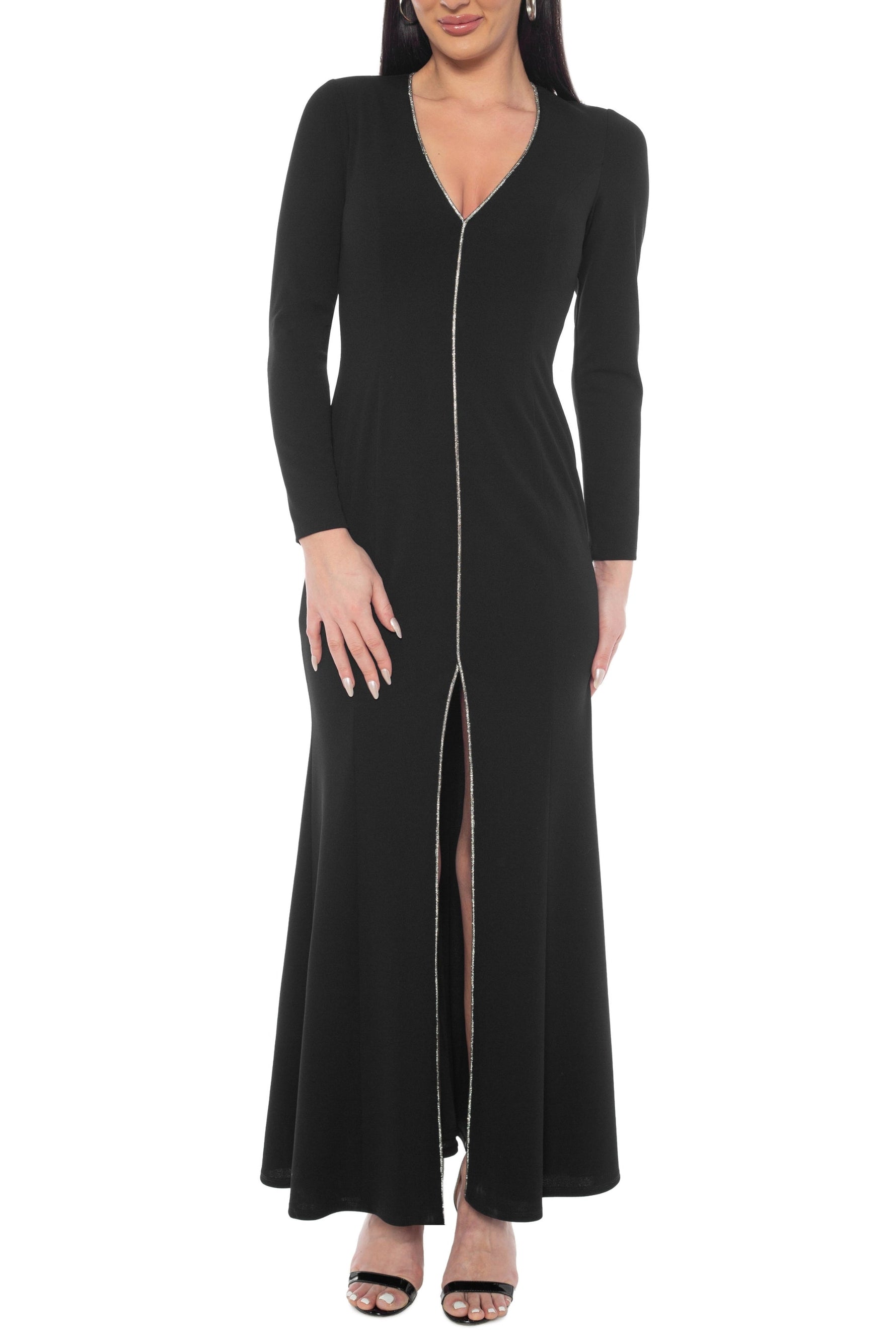 Oleg Cassini Black V-Neckline Long Sleeves Sheath Silhouette Skirt Front Slit Maxi Dress