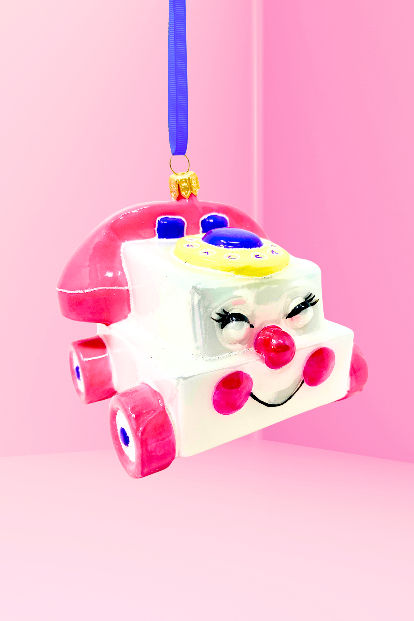 Pink Retro Telephone Glass Christmas Ornament