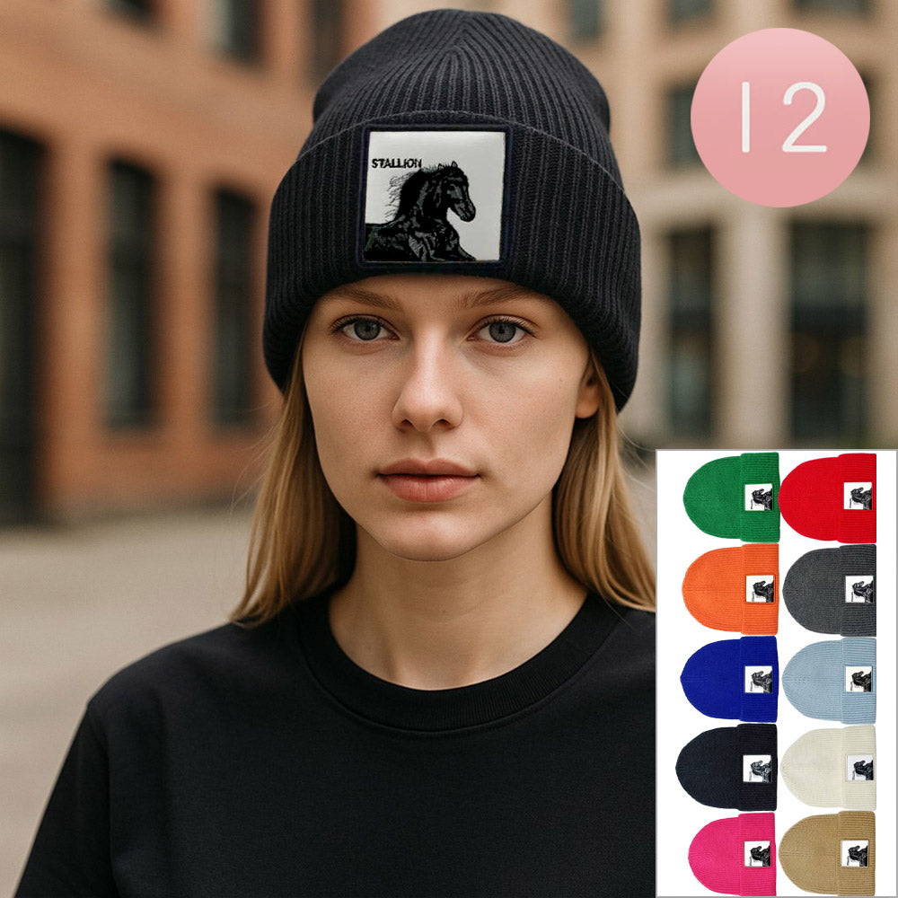 12PCS - Stallion Patch Winter Beanie Hats