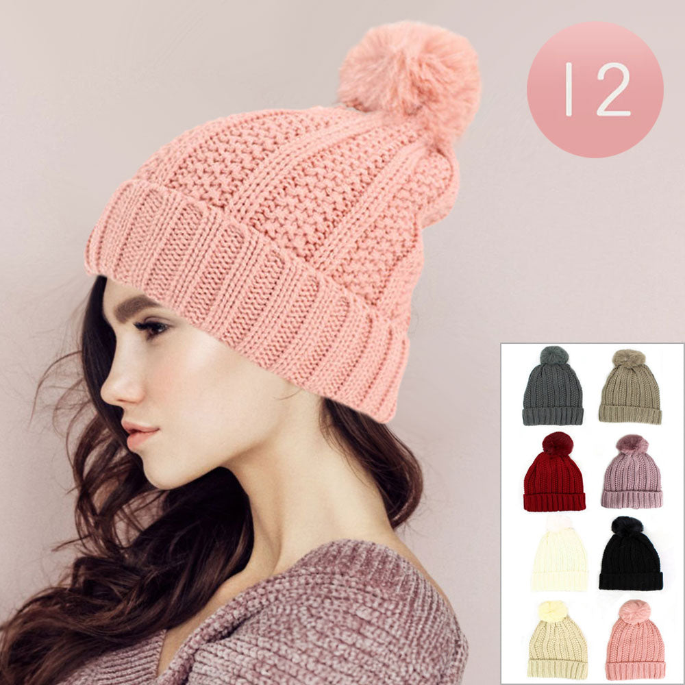12PCS - Pom Pom Knit Cuffed Winter Beanie Hats