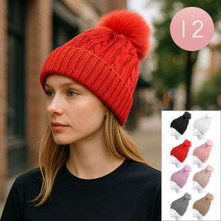12PCS - Pom Pom Cable Knit Cuffed Winter Beanie Hats