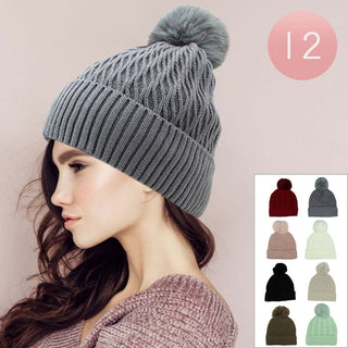 12PCS - Pom Pom Ribbed Knit Winter Beanie Hats