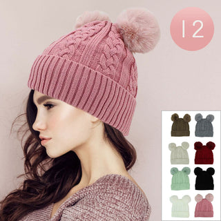 12PCS - Double Pom Pom Cable Knit Winter Beanie Hats