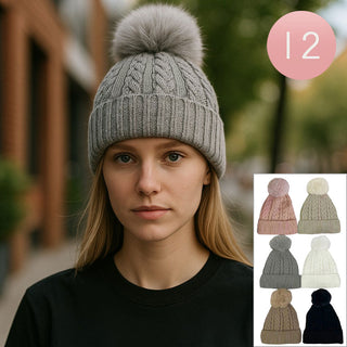 12PCS - Pom Pom Chunky Cable Knit Winter Beanie Hats