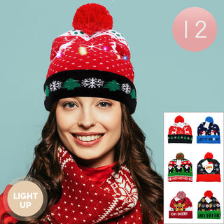 12PCS - Light Up Christmas Pom Pom Beanie Hats