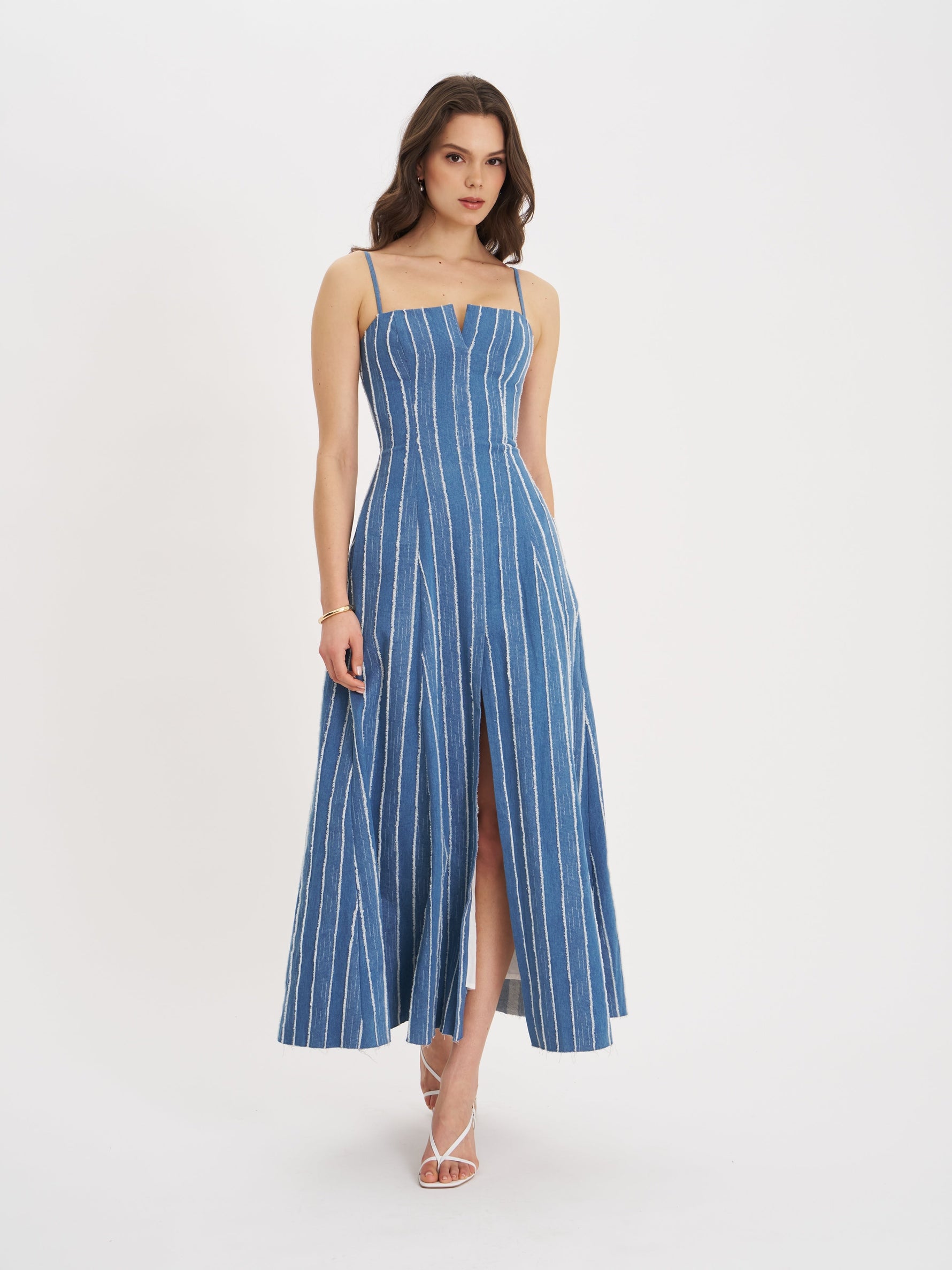 Abygail Stripe Cotton Denim Maxi Dress Miss Circle