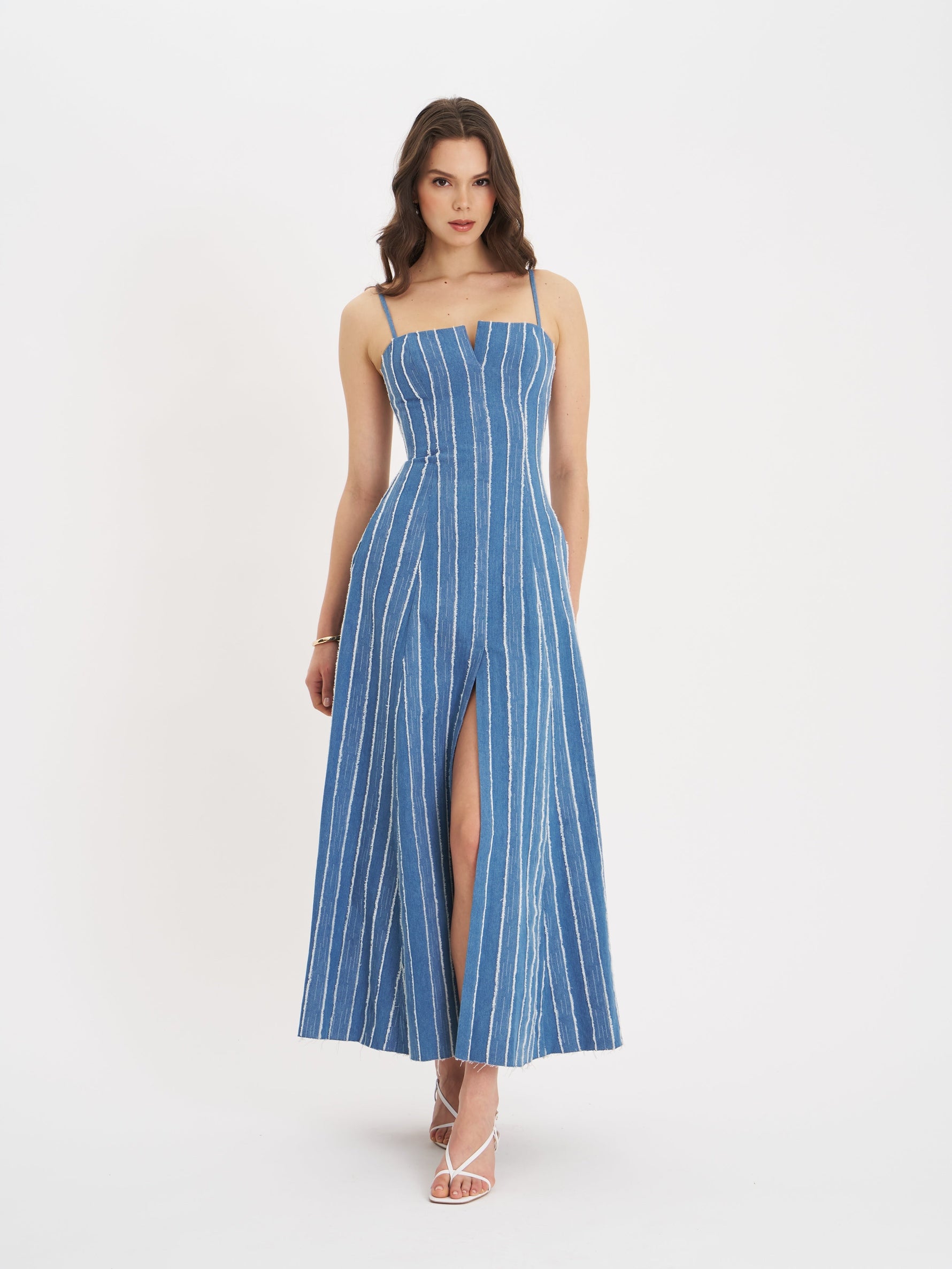 Abygail Stripe Cotton Denim Maxi Dress Miss Circle
