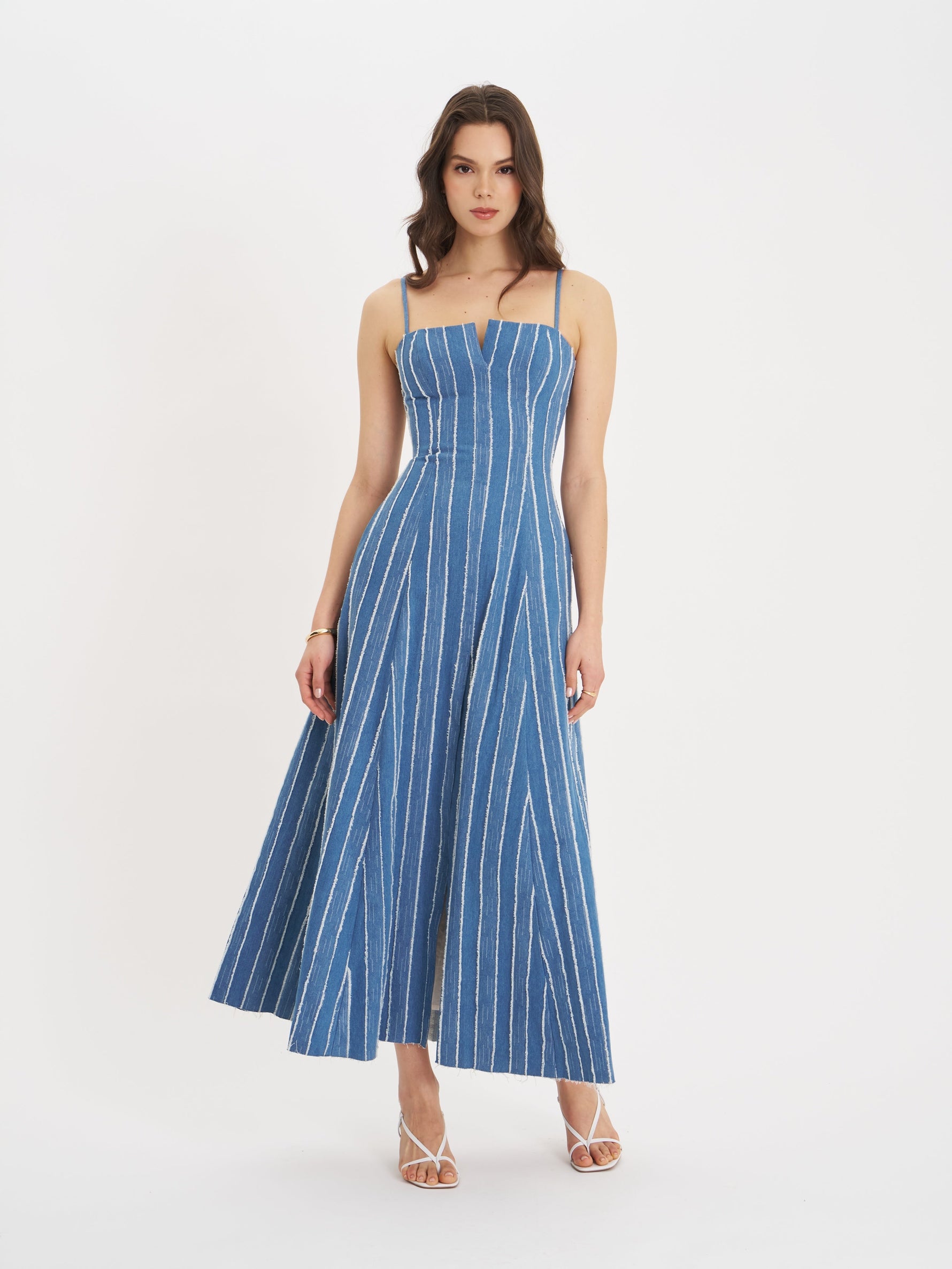 Abygail Stripe Cotton Denim Maxi Dress Miss Circle
