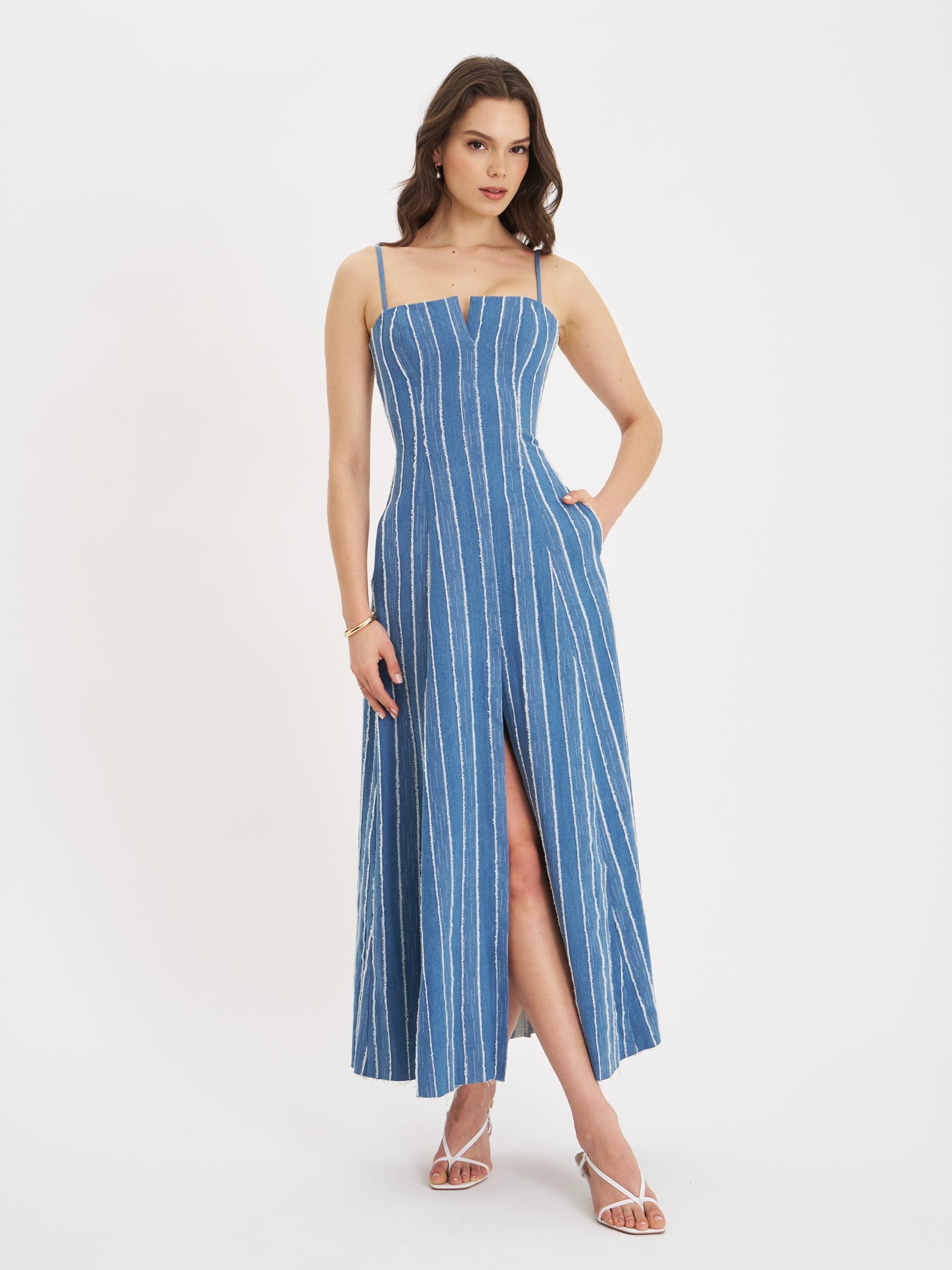Abygail Stripe Cotton Denim Maxi Dress Miss Circle