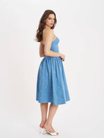 Zadie Cotton Denim Drop Waist Embroidery Flower Midi Dress