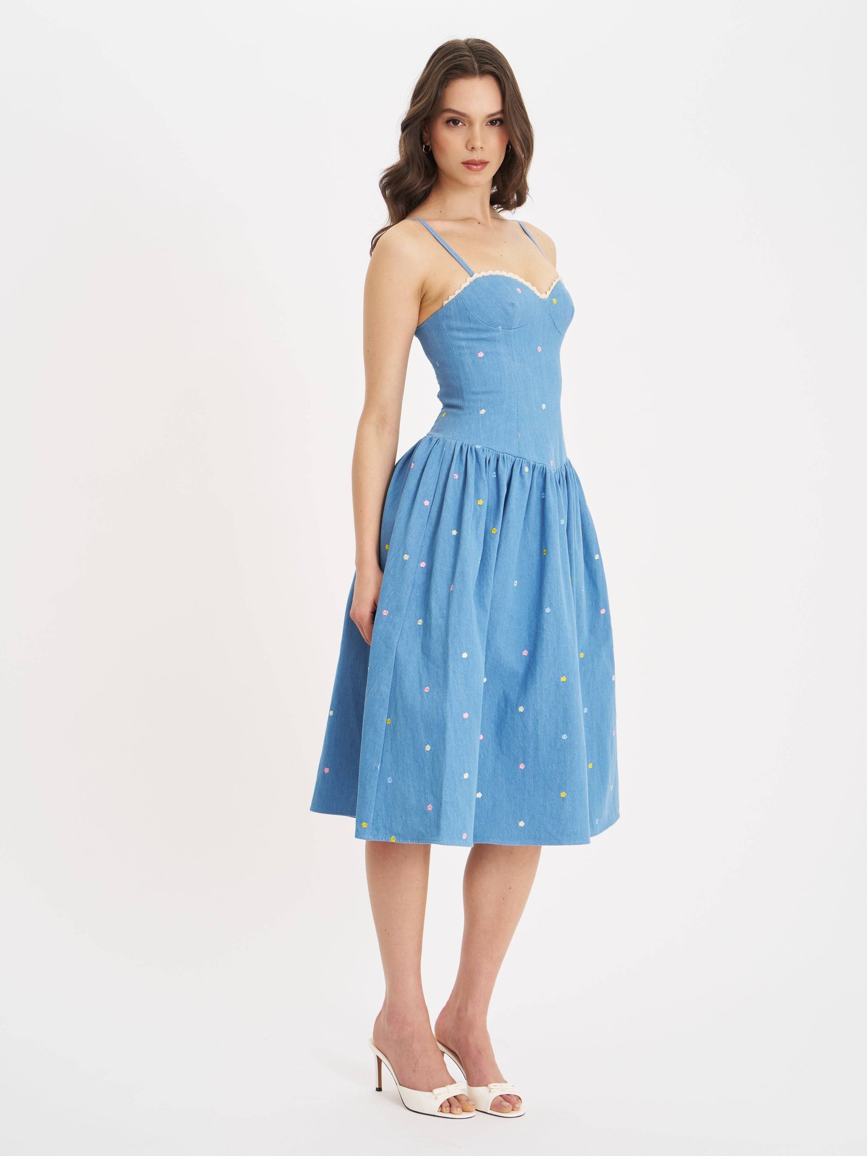 Zadie Cotton Denim Drop Waist Embroidery Flower Midi Dress