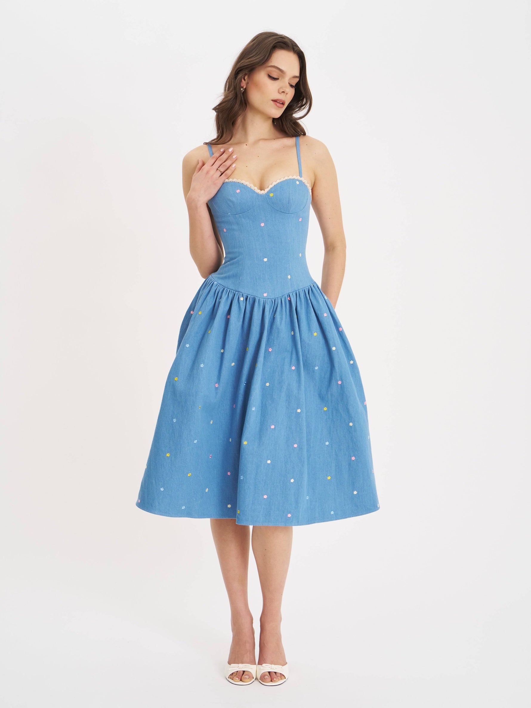 Zadie Cotton Denim Drop Waist Embroidery Flower Midi Dress