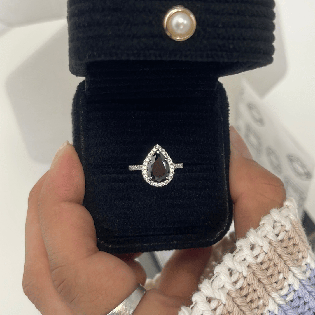 2.0ct Pear Cut Black Moissanite Halo Engagement Ring Ring Deluxe Fine Jewelry