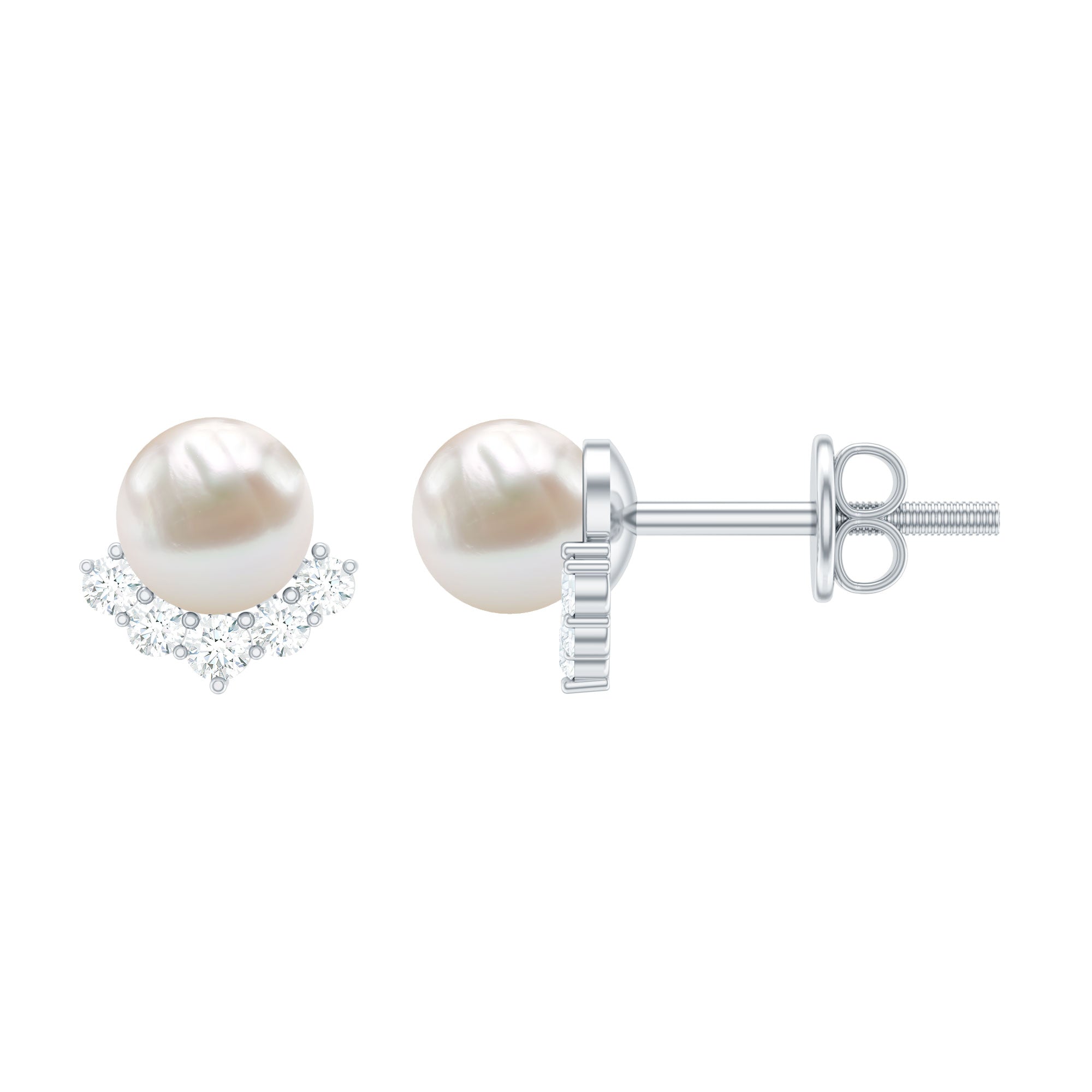 Modern Stud Earrings with Freshwater Pearl and Diamond